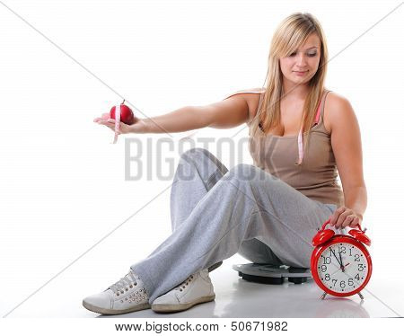 Time For Diet Slimming. Large Girl With Scale.