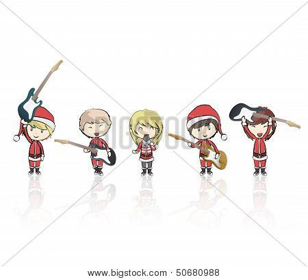 Kids With Santa Claus Costume Playing Music. Vector Design