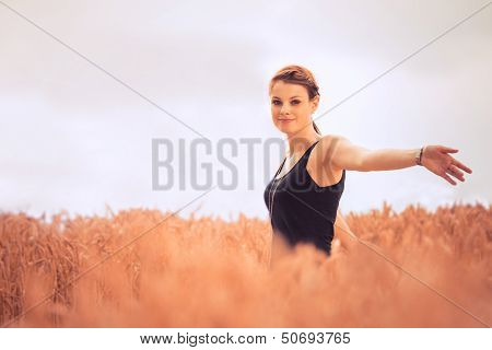 Beautiful Young Woman In Nature Feeling Happy And Free