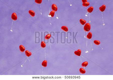 Red Heart Balloons In The Sky - Symbol Of Love
