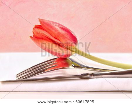 Closeup of utensils and red tulip on textured background