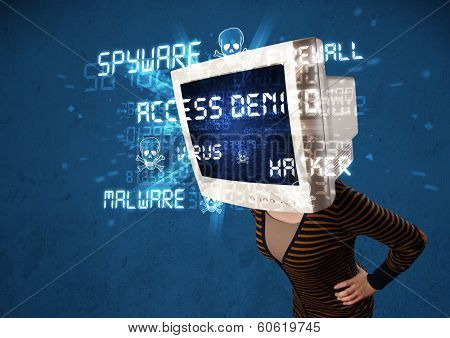 Monitor head person with hacker type of signs on the blue screen