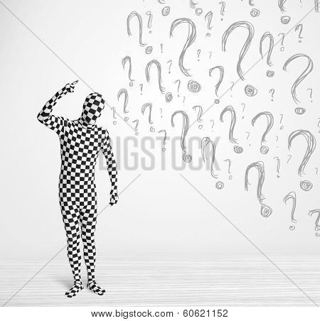 3d human character is body suit morphsuit looking at hand drawn question marks