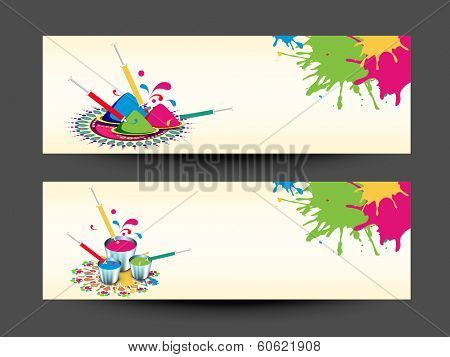 Beautiful header or banner set design with colour splash and pichkari on abstract background. 