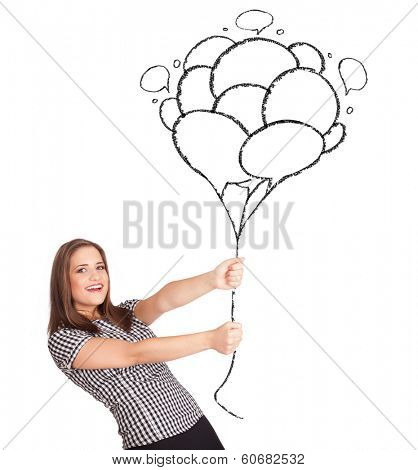 Happy young woman dolding balloons drawing