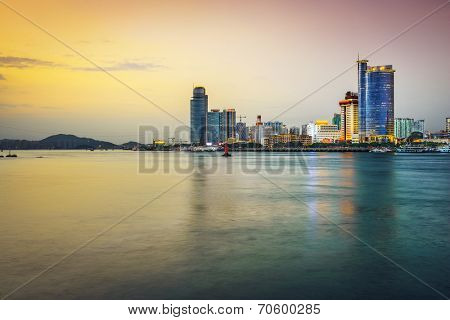 Xiamen, China skyline at twilight.