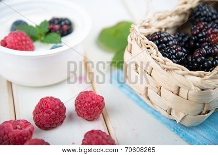 Fresh Berrys Fruit In Basket On Wooden Table