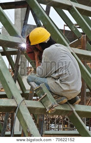 Welder with protective mask welding metal