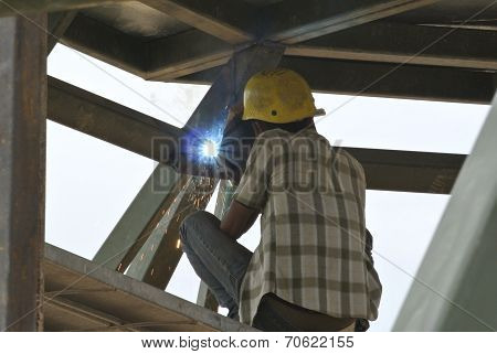 Welder with protective mask welding metal