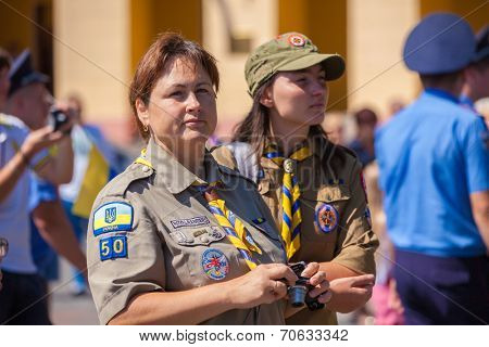 ODESSA, UKRAINE - August 23: Flash mob in city of Odessa on Potemkin Stairs on August 23, 2014, in day of a national flag of Ukraine. Happy participants of summer Flash mob 