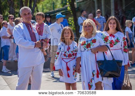 ODESSA, UKRAINE - August 23: Flash mob in city of Odessa on Potemkin Stairs on August 23, 2014, in day of a national flag of Ukraine. Happy participants of summer Flash mob/