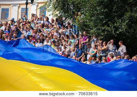 ODESSA, UKRAINE - August 23: Flash mob in city of Odessa on Potemkin Stairs on August 23, 2014, in day of a national flag of Ukraine.