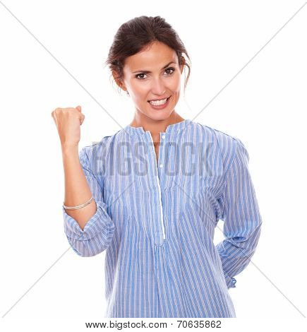 Charming Adult Lady Punching Up On Victory Gesture