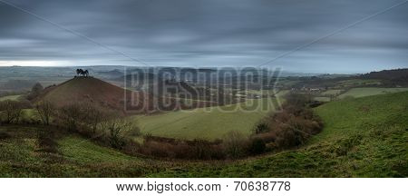 Large Panorama Of Beautiful Sunrise Dawn Landscape Of Hills And Valleys