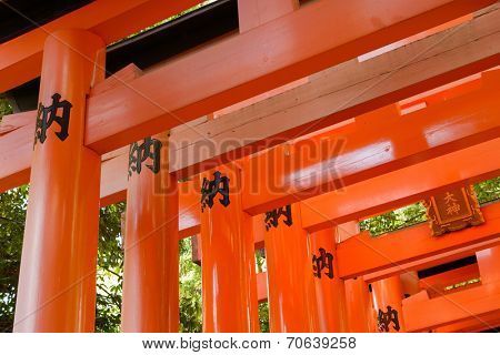 Otorii partial close-up of otorii in Fushimi Inari Taisha Shrine in Kyoto, Japan.