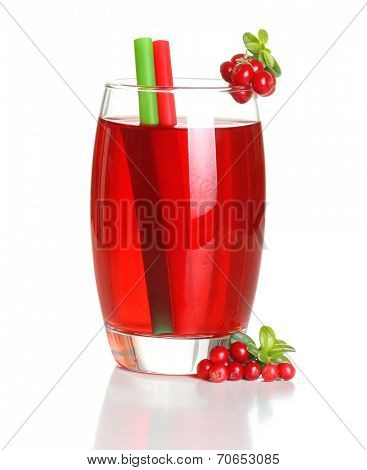 Berry juice and cowberry with leaves isolated on white
