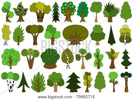 Cute doodle trees, tree doodles set, isolated on white