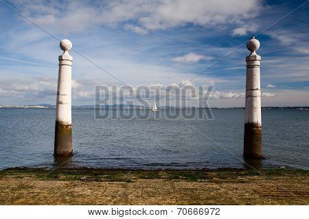 Famous Columns Wharf (cais Das Colunas) At Commerce Square, Lisbon, Portugal