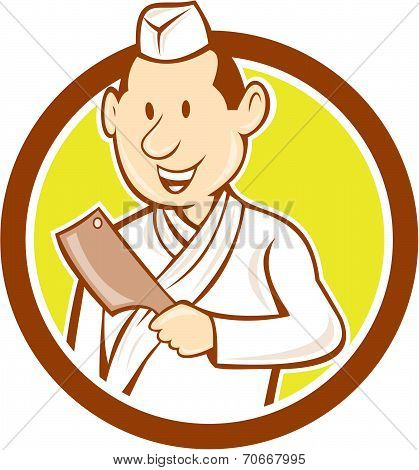 Japanese Chef Cook Meat Cleaver Circle Cartoon
