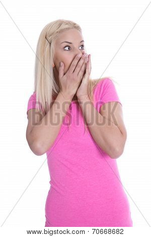 Fearful Young Woman In Pink Shirt Isolated Over White.