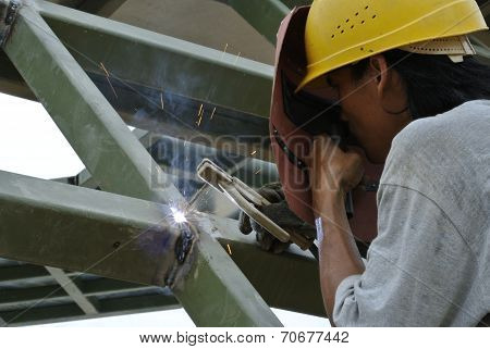 Welder with protective mask welding metal