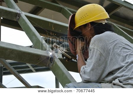 Welders welded the decorative mild steel at the construction site