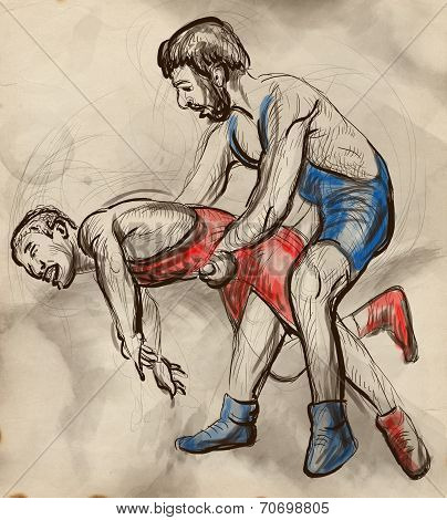 Greco-roman Wrestling. An Full Sized Hand Drawn Illustration