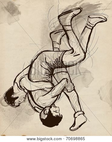 Greco-roman Wrestling. An Full Sized Hand Drawn Illustration