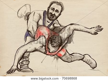 Greco-roman Wrestling. An Full Sized Hand Drawn Illustration