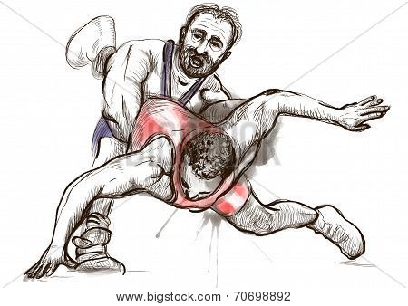 Greco-roman Wrestling. An Full Sized Hand Drawn Illustration