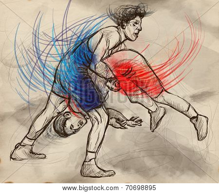 Greco-roman Wrestling. An Full Sized Hand Drawn Illustration