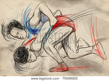 Greco-roman Wrestling. An Full Sized Hand Drawn Illustration