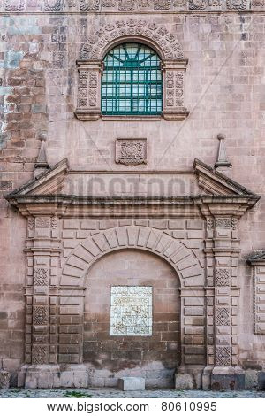 facade details of Iglesia del Triunfo in the peruvian Andes at Cuzco Peru