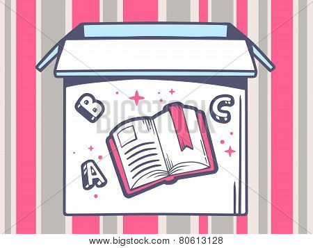 Illustration Of Open Box With Icon Of  Open Book On Pink And Grey Pattern Background.