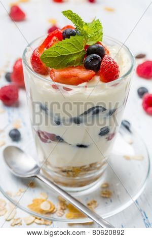 Glasses with  Fruit and Berry Parfait for Dessert