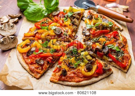 Super Healthy Vegan Whole Grain Vegetables and Mushrooms Pizza