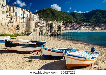 Wooden Fishing Boats On The Old Beach Of Cefalu