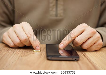 Man Is Flirting With Another Woman Over Mobile Phone To Go On Date Without Wedding Ring. Cheating Co