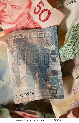 Crinkled Canadian Dollar Bills Closeup