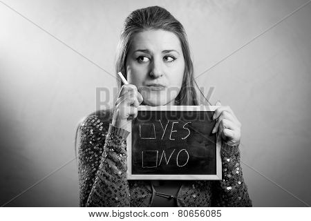 Monochrome Portrait Of Woman Thinking On 