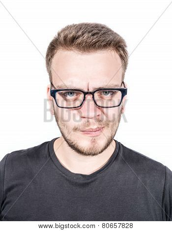 Happy young man taking a selfie photo. Isolated on white background
