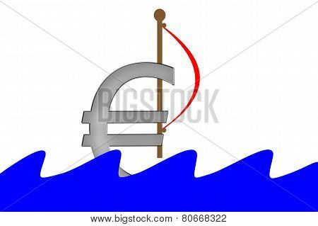 Euro Symbol with sail swimming into water with waves