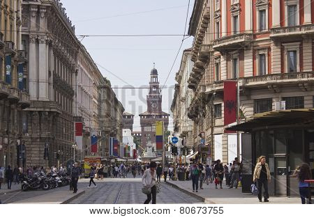 Via Dante In Milan, Overlooking The Sforza Castle