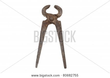 Rusty old iron nippers isolated on white background
