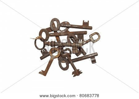 Collection of old rusty keys, isolated on white