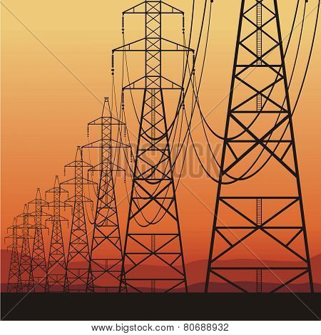 Electric power lines and sunrise, vector illustration