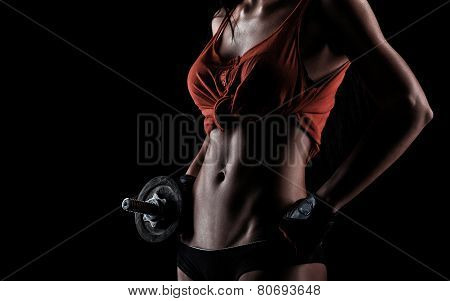 Brutal Athletic Woman Pumping Up Muscles With Dumbbells