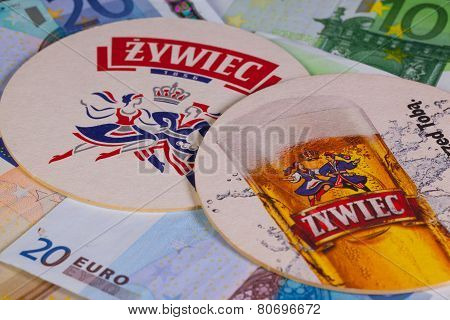 Beermats From Zywiec Beer And Eur Money.