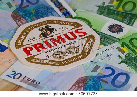 Beermat From Primus Beer And Eur Money.