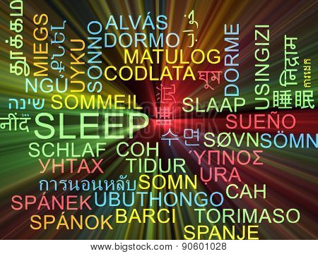 Background concept wordcloud multilanguage international many language illustration of sleep glowing light